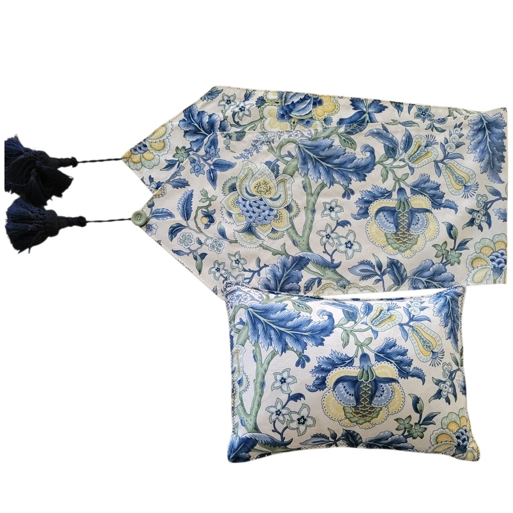 Handmade Table Runner & Pillow Set Blue Jacobean Floral Waverly Fabric